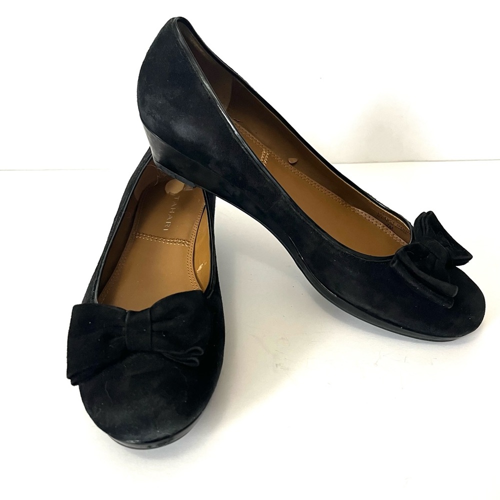Tahari Black Suede Leather Flats Black Suede Bows Shoes Flats Low Heel Size 7